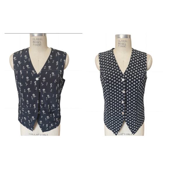 Vintage Reversible Black & White Floral Print Vest Size Medium - Picture 1 of 8